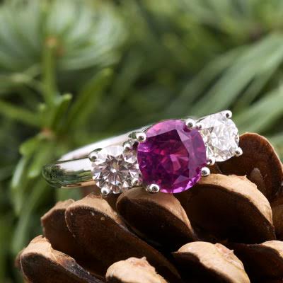 Beautiful Three Stone Pinkish Purple Sapphire Ring